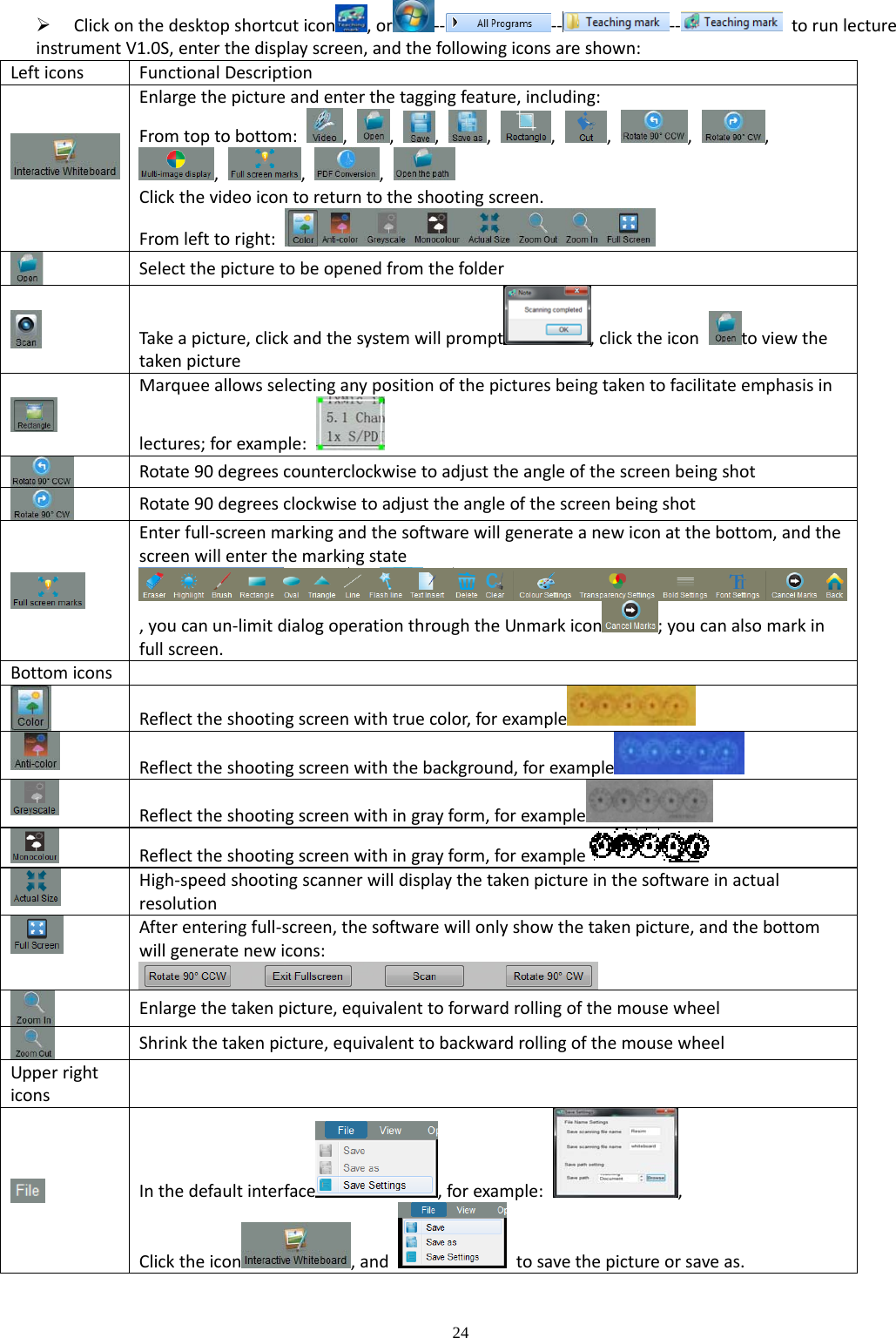 24   Clickonthedesktopshortcuticon ,or ‐‐ ‐‐ ‐‐ torunlectureinstrumentV1.0S,enterthedisplayscreen,andthefollowingiconsareshown:LefticonsFunctionalDescriptionEnlargethepictureandenterthetaggingfeature,including:Fromtoptobottom:,,,,,,,,,,, Clickthevideoicontoreturntotheshootingscreen.Fromlefttoright:SelectthepicturetobeopenedfromthefolderTakeapicture,clickandthesystemwillprompt ,clicktheicontoviewthetakenpictureMarqueeallowsselectinganypositionofthepicturesbeingtakento facilitateemphasisinlectures;forexample:Rotate90degreescounterclockwisetoadjusttheangleofthescreenbeingshotRotate90degreesclockwisetoadjusttheangleofthescreenbeingshotEnterfull‐screenmarkingandthesoftwarewillgenerateanewiconatthebottom,andthescreenwillenterthemarkingstate,youcanun‐limitdialogoperationthroughtheUnmarkicon ;youcanalsomarkinfullscreen.BottomiconsReflecttheshootingscreenwithtruecolor,forexample Reflecttheshootingscreenwiththebackground,forexample Reflecttheshootingscreenwithingrayform,forexample Reflecttheshootingscreenwithingrayform,forexample High‐speedshootingscannerwilldisplaythetakenpictureinthesoftwareinactualresolutionAfterenteringfull‐screen,thesoftwarewillonlyshowthetakenpicture,andthebottomwillgeneratenewicons:Enlargethetakenpicture,equivalenttoforwardrollingofthemousewheelShrinkthetakenpicture,equivalenttobackwardrollingofthemousewheelUpperrighticonsInthedefaultinterface ,forexample:,Clicktheicon ,and  tosavethepictureorsaveas.