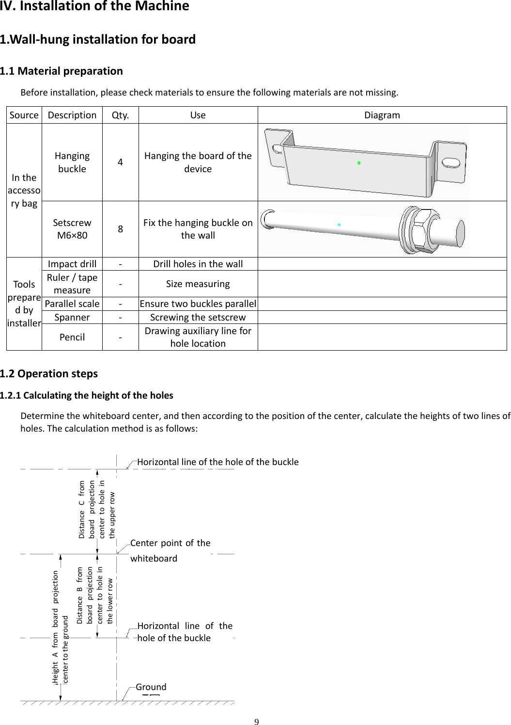 9  IV.InstallationoftheMachine1.Wall‐hunginstallationforboard1.1MaterialpreparationBeforeinstallation,pleasecheckmaterialstoensurethefollowingmaterialsarenotmissing.SourceDescriptionQty.UseDiagramIntheaccessorybagHangingbuckle4HangingtheboardofthedeviceSetscrewM6×808FixthehangingbuckleonthewallToolspreparedbyinstallerImpactdrill‐ DrillholesinthewallRuler/tapemeasure‐ SizemeasuringParallelscale‐EnsuretwobucklesparallelSpanner‐ScrewingthesetscrewPencil‐Drawingauxiliarylineforholelocation1.2Operationsteps1.2.1CalculatingtheheightoftheholesDeterminethewhiteboardcenter,andthenaccordingtothepositionofthecenter,calculatetheheightsoftwolinesofholes.Thecalculationmethodisasfollows:DistanceCfromboardprojectioncentertoholeintheupperrow Horizontallineoftheholeofthebuckle Centerpointofthewhiteboard HorizontallineoftheholeofthebuckleGround HeightAfromboardprojectioncentertotheground  DistanceBfromboardprojectioncentertoholeinthelowerrow 