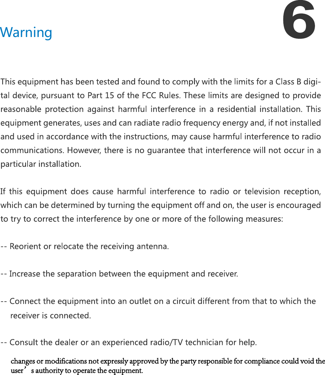 Warningchanges or modifications not expressly approved by the party responsible for compliance could void the user’s authority to operate the equipment.