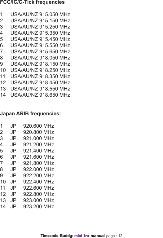 FCC/IC/C-Tick frequencies1  USA/AU/NZ 915.050 MHz2  USA/AU/NZ 915.150 MHz3  USA/AU/NZ 915.250 MHz4  USA/AU/NZ 915.350 MHz5  USA/AU/NZ 915.450 MHz6  USA/AU/NZ 915.550 MHz7  USA/AU/NZ 915.650 MHz8  USA/AU/NZ 918.050 MHz9  USA/AU/NZ 918.150 MHz10  USA/AU/NZ 918.250 MHz11  USA/AU/NZ 918.350 MHz12  USA/AU/NZ 918.450 MHz13  USA/AU/NZ 918.550 MHz14  USA/AU/NZ 918.650 MHzJapan ARIB frequencies:1  JP  920.600 MHz2  JP  920.800 MHz3  JP  921.000 MHz4  JP  921.200 MHz5  JP  921.400 MHz6  JP  921.600 MHz7  JP  921.800 MHz8  JP  922.000 MHz9  JP  922.200 MHz10  JP  922.400 MHz11  JP  922.600 MHz12  JP  922.800 MHz13  JP  923.000 MHz14  JP  923.200 MHzTimecode Buddy: mini trx manual page : 12