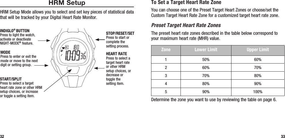 To Set a Target Heart Rate ZoneYou can choose one of the Preset Target Heart Zones or choose/set the Custom Target Heart Rate Zone for a customized target heart rate zone. Preset Target Heart Rate ZonesThe preset heart rate zones described in the table below correspond to your maximum heart rate (MHR) value. Zone Lower Limit Upper Limit1 50% 60%2 60% 70%3 70% 80%4 80% 90%5 90% 100%Determine the zone you want to use by reviewing the table on page 6.33HRM SetupHRM Setup Mode allows you to select and set key pieces of statistical data that will be tracked by your Digital Heart Rate Monitor.32START/SPLITPress to select a target heart rate zone or other HRM setup choices, or increase or toggle a setting item.STOP/RESET/SETPress to start or complete the  setting process.HEART RATEPress to select a target heart rate or other HRM setup choices, or decrease or toggle the  setting item.MODEPress to enter or exit the mode or move to the next digit or setting group.INDIGLO® BUTTONPress to light the watch, activate or deactivate NIGHT-MODE® feature.