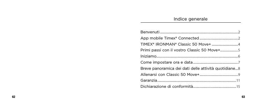 62 63Indice generaleBenvenuti ...................................................................................2App mobile Timex® Connected .........................................2TIMEX® IRONMAN® Classic 50 Move+ ............................4Primi passi con il vostro Classic50Move+ ...................5Iniziamo.......................................................................................6Come impostare ora e data ................................................7Breve panoramica dei dati delle attività quotidiane ...8Allenarsi con Classic 50 Move+ .........................................9Garanzia ....................................................................................11Dichiarazione di conformità ..............................................15