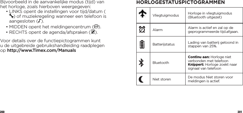 200 201Bijvoorbeeld in de aanvankelijke modus (tijd) van het horloge, zoals hierboven weergegeven:  •  LINKS opent de instellingen voor tijd/datum () of muziekregeling wanneer een telefoon is aangesloten (N).  •  MIDDEN opent het meldingencentrum ( ).  •  RECHTS opent de agenda/afspraken ( ).Voor details over de functiepictogrammen kunt u de uitgebreide gebruikshandleiding raadplegen op http://www.Timex.com/ManualsHORLOGESTATUSPICTOGRAMMENVliegtuigmodus Horloge in vliegtuigmodus (Bluetooth uitgezet)xAlarm Alarm is actief en zal op de geprogrammeerde tijd.afgaan.Batterijstatus Lading van batterij getoond in stappen van 25%.BluetoothContinu aan: Horloge niet verbonden met telefoonKnippert: Horloge zoekt naar signaal van telefoonPNiet storen De modus Niet storen voor meldingen is actief.