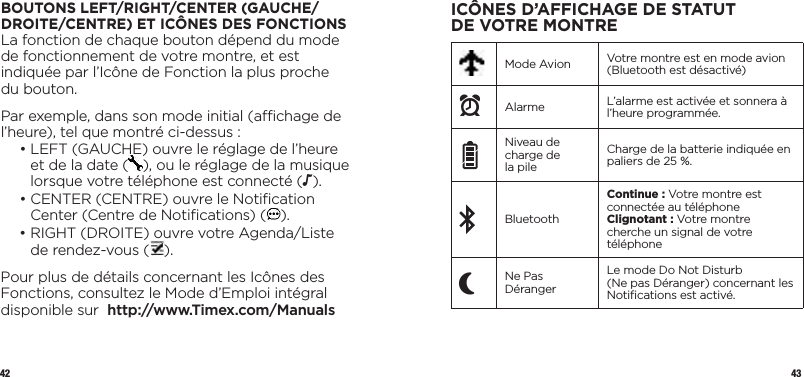 42 43BOUTONS LEFT/RIGHT/CENTER (GAUCHE/DROITE/CENTRE) ET ICÔNES DES FONCTIONSLa fonction de chaque bouton dépend du mode de fonctionnement de votre montre, et est indiquée par l’Icône de Fonction la plus proche du bouton.Par exemple, dans son mode initial (achage de l’heure), tel que montré ci-dessus :  •  LEFT (GAUCHE) ouvre le réglage de l’heure et de la date ( ), ou le réglage de la musique lorsque votre téléphone est connecté (N).  •  CENTER (CENTRE) ouvre le Notiﬁcation Center (Centre de Notiﬁcations) ( ).  •  RIGHT (DROITE) ouvre votre Agenda/Liste de rendez-vous ( ).Pour plus de détails concernant les Icônes des Fonctions, consultez le Mode d’Emploi intégral disponible sur  http://www.Timex.com/ManualsICÔNES D’AFFICHAGE DE STATUT DEVOTREMONTREMode Avion Votre montre est en mode avion (Bluetooth est désactivé)xAlarme L’alarme est activée et sonnera à l’heure programmée.Niveau de charge de la pileCharge de la batterie indiquée en paliers de 25 %.BluetoothContinue : Votre montre est connectée au téléphoneClignotant : Votre montre cherche un signal de votre téléphonePNe Pas DérangerLe mode Do Not Disturb  (Ne pas Déranger) concernant les Notiﬁcations est activé.