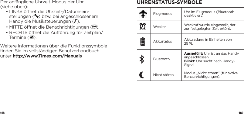 168 169Der anfängliche Uhrzeit-Modus der Uhr  (siehe oben):  •  LINKS önet die Uhrzeit-/Datumsein-stellungen ( ) bzw. bei angeschlossenem Handy die Musiksteuerungen (N).  •  MITTE önet die Benachrichtigungen ( ).  •  RECHTS önet die Auührung für Zeitplan/Termine ( ).Weitere Informationen über die Funktionssymbole ﬁnden Sie im vollständigen Benutzerhandbuch unter http://www.Timex.com/ManualsUHRENSTATUS-SYMBOLEFlugmodus Uhr im Flugmodus (Bluetooth deaktiviert)xWecker Weckruf wurde eingestellt, der zur festgelegten Zeit ertönt.Akkustatus Akkuladung in Einheiten von 25%.BluetoothAusgefüllt: Uhr ist an das Handy angeschlossenBlinkt: Uhr sucht nach Handy-SignalPNicht stören Modus „Nicht stören“ (für aktive Benachrichtigungen).