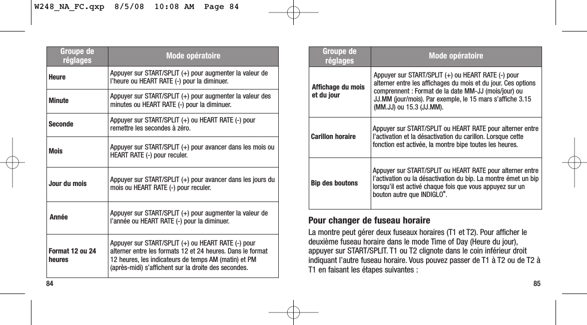 Pour changer de fuseau horaireLa montre peut gérer deux fuseaux horaires (T1 et T2). Pour afficher ledeuxième fuseau horaire dans le mode Time of Day (Heure du jour),appuyer sur START/SPLIT. T1 ou T2 clignote dans le coin inférieur droitindiquant l’autre fuseau horaire. Vous pouvez passer de T1 à T2 ou de T2 àT1 en faisant les étapes suivantes :8584Groupe deréglages Mode opératoireAffichage du moiset du jourAppuyer sur START/SPLIT (+) ou HEART RATE (-) pouralterner entre les affichages du mois et du jour. Ces optionscomprennent : Format de la date MM-JJ (mois/jour) ouJJ.MM (jour/mois). Par exemple, le 15 mars s’affiche 3.15(MM.JJ) ou 15.3 (JJ.MM).Carillon horaire Appuyer sur START/SPLIT ou HEART RATE pour alterner entrel’activation et la désactivation du carillon. Lorsque cettefonction est activée, la montre bipe toutes les heures.Bip des boutonsAppuyer sur START/SPLIT ou HEART RATE pour alterner entrel’activation ou la désactivation du bip. La montre émet un biplorsqu’il est activé chaque fois que vous appuyez sur unbouton autre que INDIGLO®.Groupe deréglages Mode opératoireHeure Appuyer sur START/SPLIT (+) pour augmenter la valeur del’heure ou HEART RATE (-) pour la diminuer.Minute Appuyer sur START/SPLIT (+) pour augmenter la valeur desminutes ou HEART RATE (-) pour la diminuer.Seconde Appuyer sur START/SPLIT (+) ou HEART RATE (-) pourremettre les secondes à zéro.Mois Appuyer sur START/SPLIT (+) pour avancer dans les mois ouHEART RATE (-) pour reculer.Jour du mois Appuyer sur START/SPLIT (+) pour avancer dans les jours dumois ou HEART RATE (-) pour reculer.Année Appuyer sur START/SPLIT (+) pour augmenter la valeur del’année ou HEART RATE (-) pour la diminuer.Format 12 ou 24heuresAppuyer sur START/SPLIT (+) ou HEART RATE (-) pouralterner entre les formats 12 et 24 heures. Dans le format12 heures, les indicateurs de temps AM (matin) et PM(après-midi) s’affichent sur la droite des secondes.W248_NA_FC.qxp  8/5/08  10:08 AM  Page 84