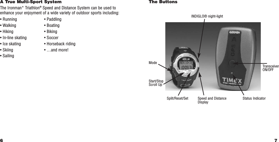 7The ButtonsA True Multi-Sport SystemThe Ironman* Triathlon®Speed and Distance System can be used toenhance your enjoyment of a wide variety of outdoor sports including:• Running • Paddling• Walking • Boating• Hiking • Biking• In-line skating • Soccer• Ice skating • Horseback riding• Skiing • …and more!• Sailing6INDIGLO® night-lightModeStart/StopScroll UpSplit/Reset/Set Speed and DistanceDisplay Status IndicatorTransceiverON/OFF