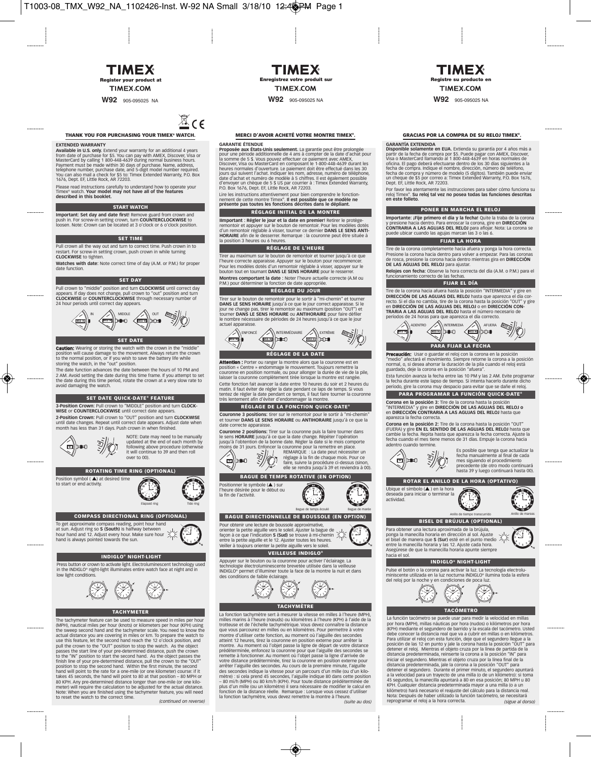 Page 1 of 2 - Timex Timex-Camper-With-Tachymeter-Owner-S-Manual T1003-08_TMX_W92_NA_1102426-Inst. W-92 NA Small