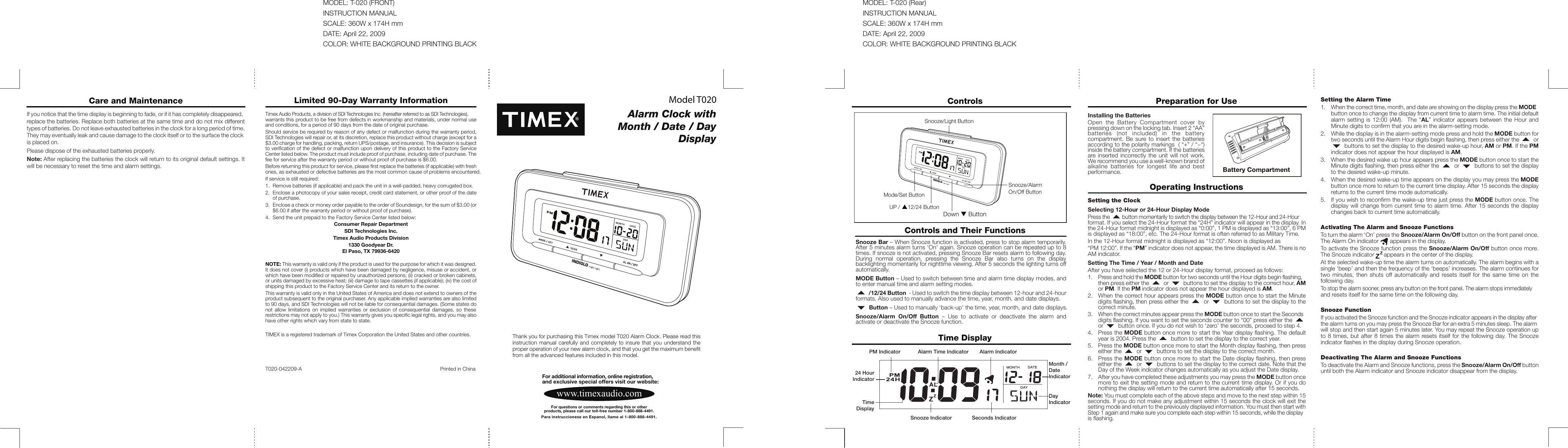 Page 1 of 6 - Timex Timex-Timex-Clock-T020-Users-Manual- T 020 IB 042209_v1  Timex-timex-clock-t020-users-manual