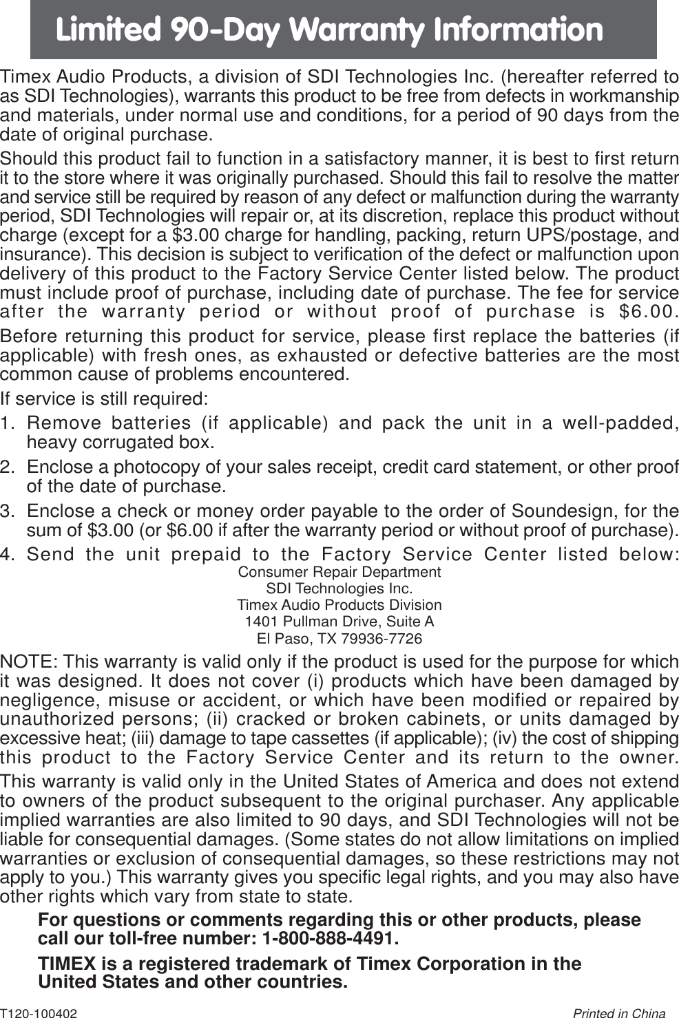 Page 8 of 8 - Timex Timex-Timex-Clock-T120-Users-Manual- T120IBonline  Timex-timex-clock-t120-users-manual