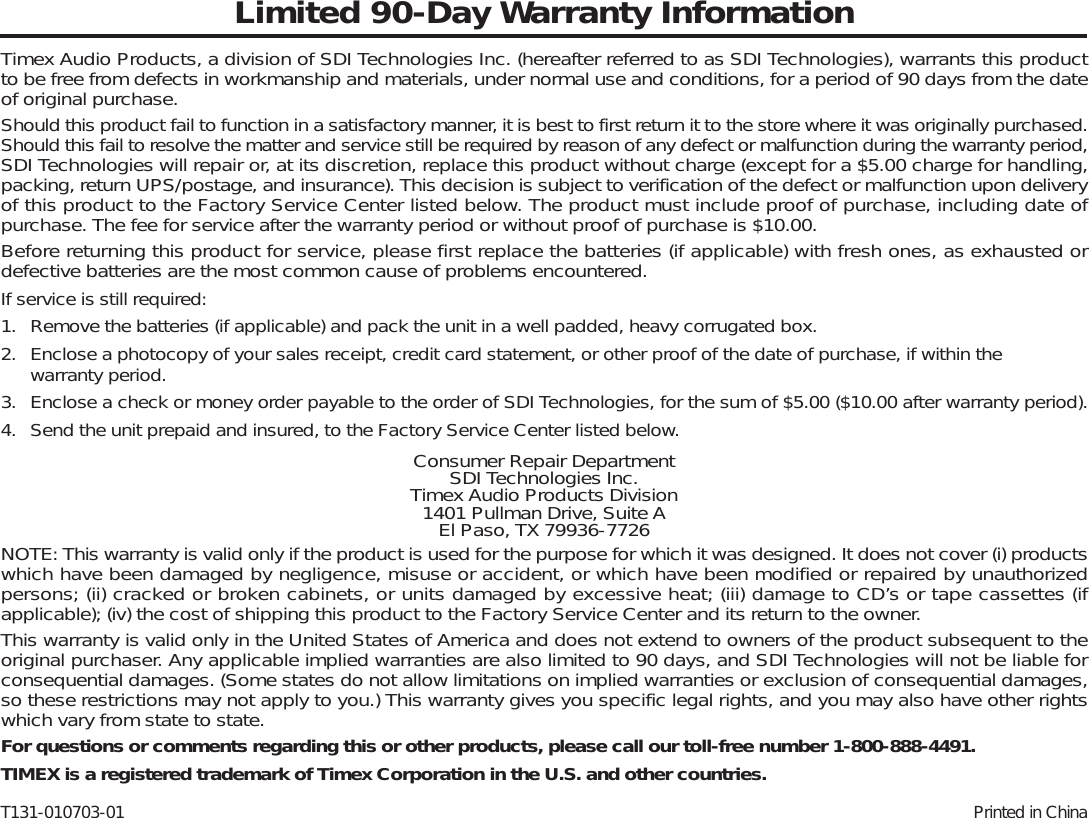 Page 8 of 8 - Timex Timex-Timex-Clock-T131-Users-Manual-  Timex-timex-clock-t131-users-manual