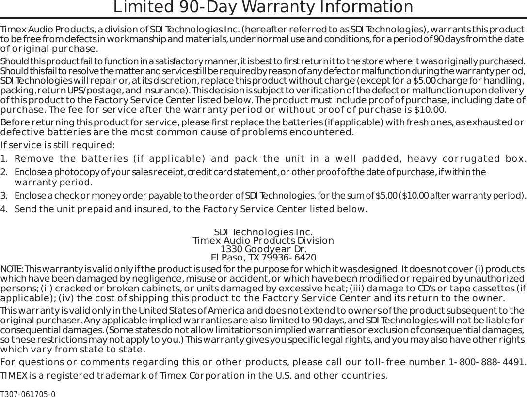 Page 12 of 12 - Timex Timex-Timex-Clock-T307-Users-Manual-  Timex-timex-clock-t307-users-manual