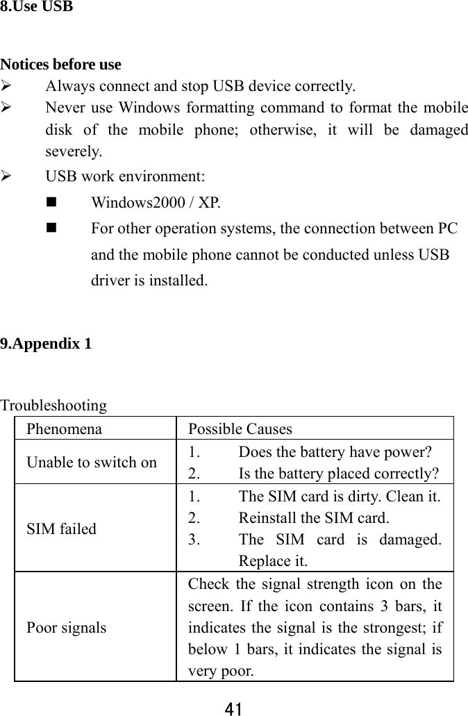  41  8.Use USB   Notices before use    Always connect and stop USB device correctly.    Never use Windows formatting command to format the mobile disk of the mobile phone; otherwise, it will be damaged severely.   USB work environment:    Windows2000 / XP.    For other operation systems, the connection between PC and the mobile phone cannot be conducted unless USB driver is installed.   9.Appendix 1 Troubleshooting  Phenomena   Possible Causes Unable to switch on  1. Does the battery have power? 2. Is the battery placed correctly?SIM failed 1. The SIM card is dirty. Clean it.2. Reinstall the SIM card. 3. The SIM card is damaged. Replace it. Poor signals Check the signal strength icon on the screen. If the icon contains 3 bars, it indicates the signal is the strongest; if below 1 bars, it indicates the signal is very poor.   
