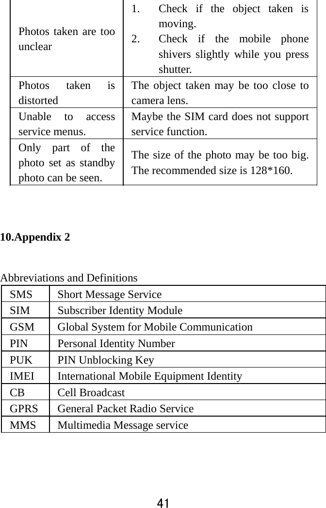  41  Photos taken are too unclear 1. Check if the object taken is moving. 2. Check if the mobile phone shivers slightly while you press shutter. Photos taken is distorted The object taken may be too close to camera lens. Unable to access service menus. Maybe the SIM card does not support service function. Only part of the photo set as standby photo can be seen.   The size of the photo may be too big. The recommended size is 128*160.    10.Appendix 2 Abbreviations and Definitions SMS  Short Message Service SIM Subscriber Identity Module GSM  Global System for Mobile Communication PIN Personal Identity Number PUK PIN Unblocking Key IMEI  International Mobile Equipment Identity   CB Cell Broadcast  GPRS  General Packet Radio Service MMS  Multimedia Message service 