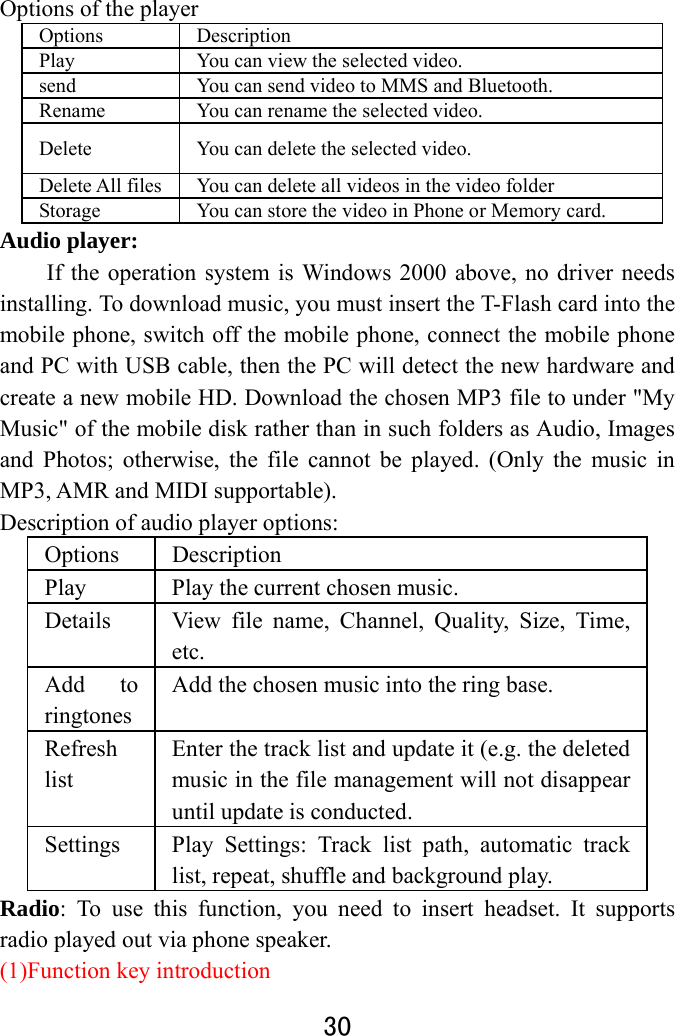  30  Options of the player Options Description Play You can view the selected video.   send  You can send video to MMS and Bluetooth. Rename  You can rename the selected video.   Delete  You can delete the selected video.   Delete All files You can delete all videos in the video folderStorage You can store the video in Phone or Memory card.Audio player: If the operation system is Windows 2000 above, no driver needs installing. To download music, you must insert the T-Flash card into the mobile phone, switch off the mobile phone, connect the mobile phone and PC with USB cable, then the PC will detect the new hardware and create a new mobile HD. Download the chosen MP3 file to under &quot;My Music&quot; of the mobile disk rather than in such folders as Audio, Images and Photos; otherwise, the file cannot be played. (Only the music in MP3, AMR and MIDI supportable).   Description of audio player options:   Options   Description  Play    Play the current chosen music.   Details   View file name, Channel, Quality, Size, Time, etc.  Add to ringtones Add the chosen music into the ring base.   Refresh list Enter the track list and update it (e.g. the deleted music in the file management will not disappear until update is conducted.   Settings   Play Settings: Track list path, automatic track list, repeat, shuffle and background play.   Radio: To use this function, you need to insert headset. It supports radio played out via phone speaker. (1)Function key introduction 