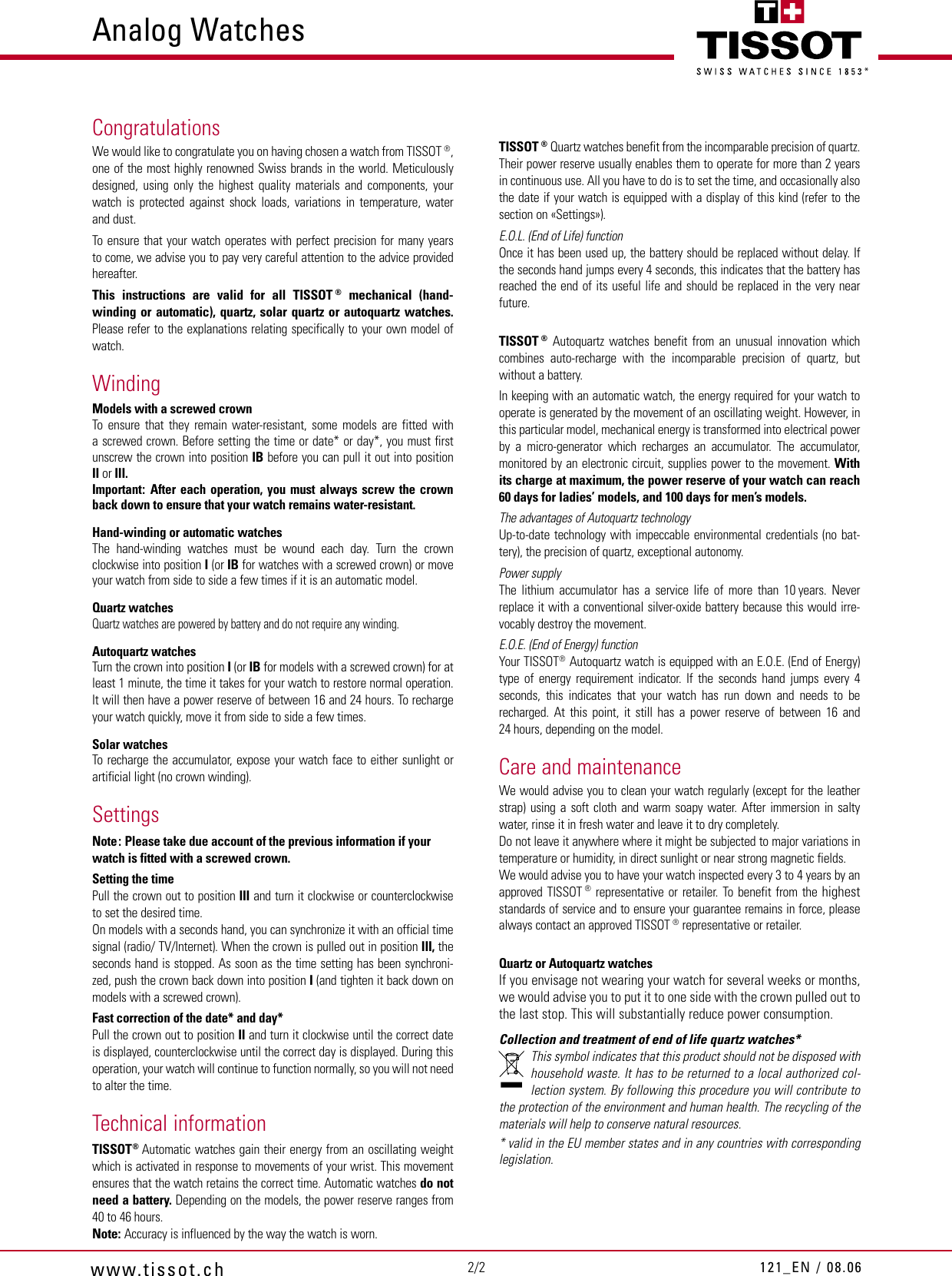 Page 2 of 2 - Tissot Tissot-Analog-Watch-Users-Manual- 121-en  Tissot-analog-watch-users-manual