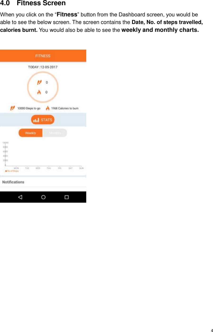  4 4.0    Fitness Screen When you click on the “Fitness” button from the Dashboard screen, you would be able to see the below screen. The screen contains the Date, No. of steps travelled, calories burnt. You would also be able to see the weekly and monthly charts.                  