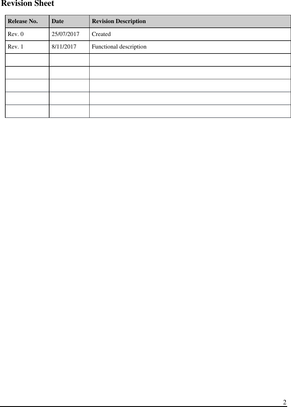  2  Revision Sheet  Release No. Date Revision Description Rev. 0 25/07/2017 Created Rev. 1 8/11/2017 Functional description                    