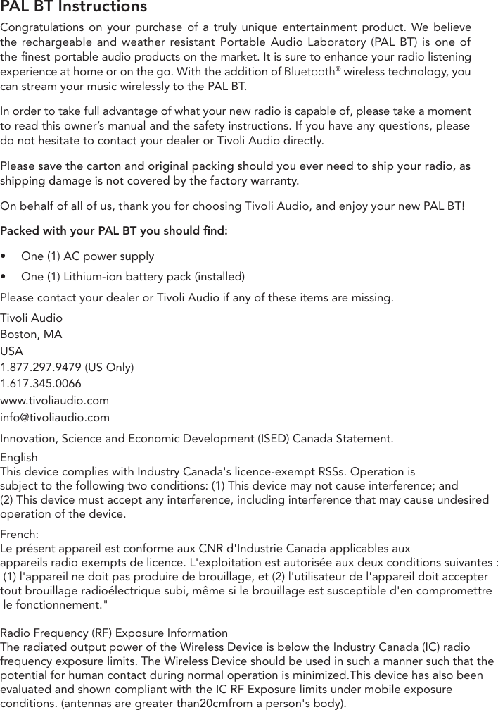 Page 5 of Tivoli Audio PALBT Portable AM/FM Radio with Bluetooth User Manual 