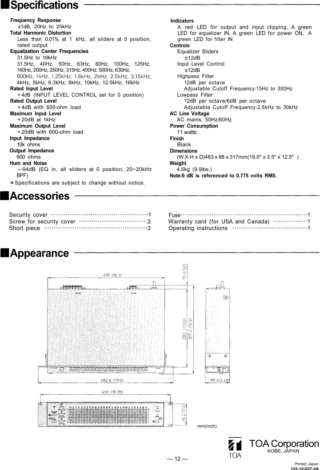 Page 12 of 12 - Toa-Electronics Toa-Electronics-1000-Series-Users-Manual- E-1231  Toa-electronics-1000-series-users-manual