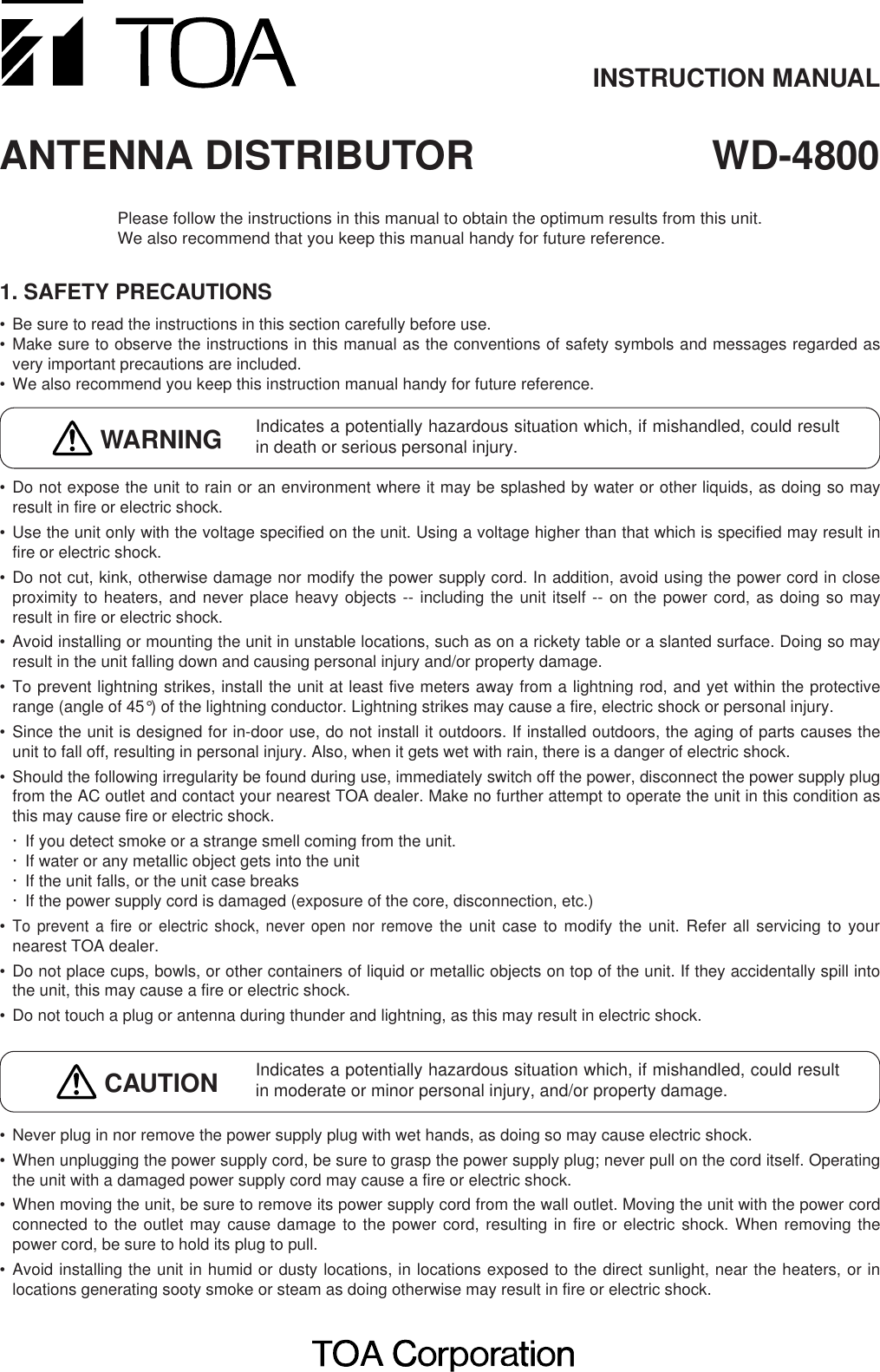 Page 1 of 4 - Toa-Electronics Toa-Electronics-Wd-4800-Users-Manual- WD-4800 ›p  Toa-electronics-wd-4800-users-manual