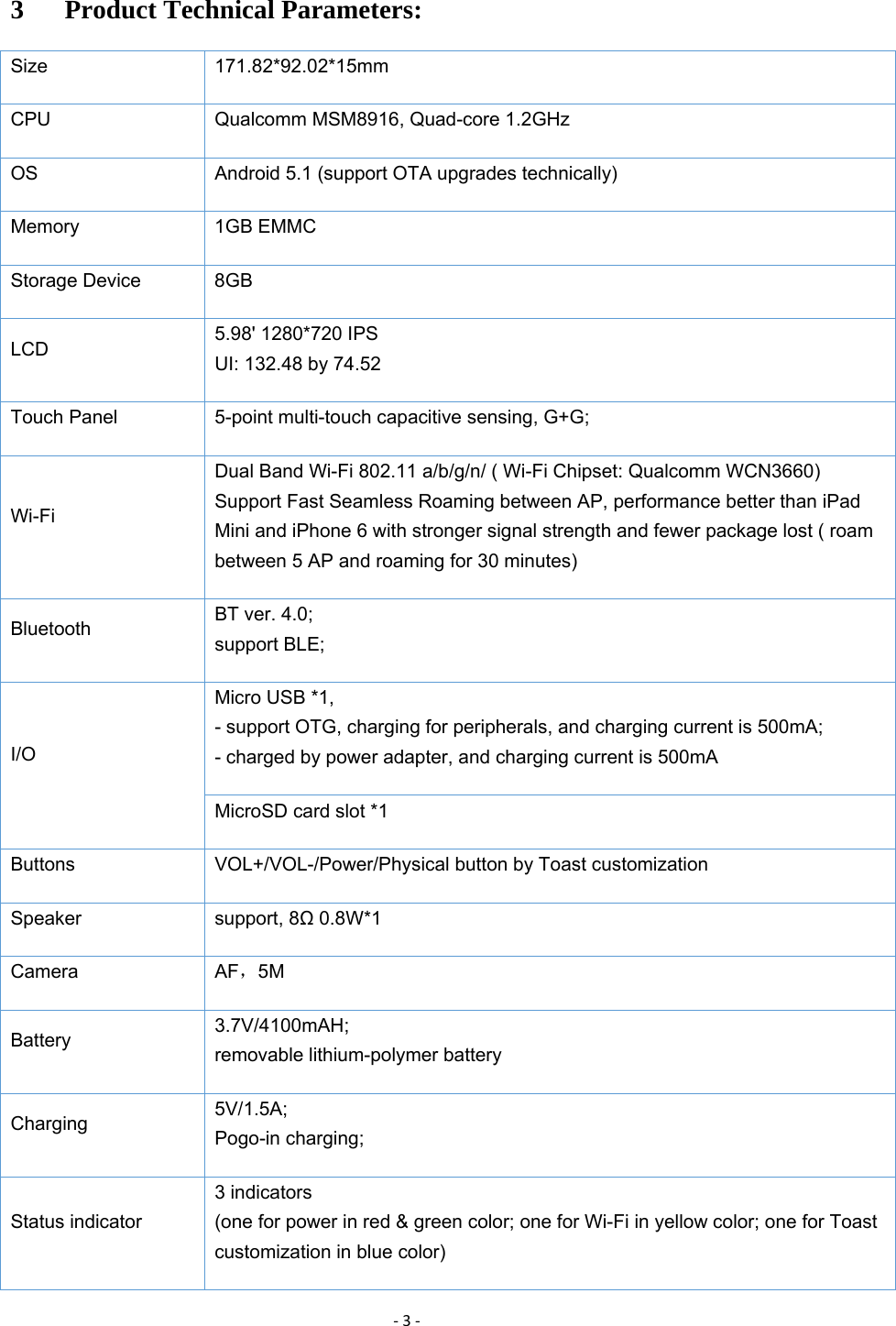 ‐3‐3 Product Technical Parameters: Size 171.82*92.02*15mm CPU  Qualcomm MSM8916, Quad-core 1.2GHz OS  Android 5.1 (support OTA upgrades technically) Memory 1GB EMMC Storage Device  8GB LCD  5.98&apos; 1280*720 IPS UI: 132.48 by 74.52 Touch Panel    5-point multi-touch capacitive sensing, G+G; Wi-Fi Dual Band Wi-Fi 802.11 a/b/g/n/ ( Wi-Fi Chipset: Qualcomm WCN3660) Support Fast Seamless Roaming between AP, performance better than iPad Mini and iPhone 6 with stronger signal strength and fewer package lost ( roam between 5 AP and roaming for 30 minutes) Bluetooth  BT ver. 4.0;   support BLE; I/O Micro USB *1,   - support OTG, charging for peripherals, and charging current is 500mA;   - charged by power adapter, and charging current is 500mA MicroSD card slot *1 Buttons VOL+/VOL-/Power/Physical button by Toast customization Speaker support, 8Ω 0.8W*1 Camera  AF，5M Battery  3.7V/4100mAH; removable lithium-polymer battery Charging  5V/1.5A; Pogo-in charging; Status indicator 3 indicators   (one for power in red &amp; green color; one for Wi-Fi in yellow color; one for Toast customization in blue color) 