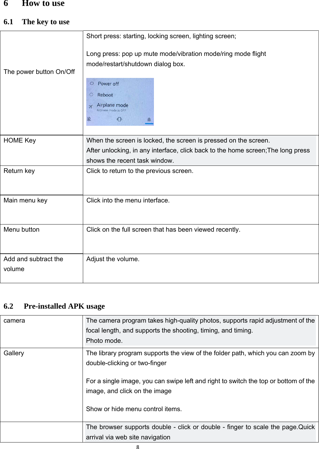 86 How to use 6.1 The key to use   The power button On/Off Short press: starting, locking screen, lighting screen; Long press: pop up mute mode/vibration mode/ring mode flight mode/restart/shutdown dialog box.  HOME Key When the screen is locked, the screen is pressed on the screen. After unlocking, in any interface, click back to the home screen;The long press shows the recent task window. Return key Click to return to the previous screen. Main menu key Click into the menu interface. Menu button  Click on the full screen that has been viewed recently. Add and subtract the volume Adjust the volume.  6.2  Pre-installed APK usage camera   The camera program takes high-quality photos, supports rapid adjustment of the focal length, and supports the shooting, timing, and timing. Photo mode. Gallery  The library program supports the view of the folder path, which you can zoom by double-clicking or two-finger For a single image, you can swipe left and right to switch the top or bottom of the image, and click on the image Show or hide menu control items.  The browser supports double - click or double - finger to scale the page.Quick arrival via web site navigation 
