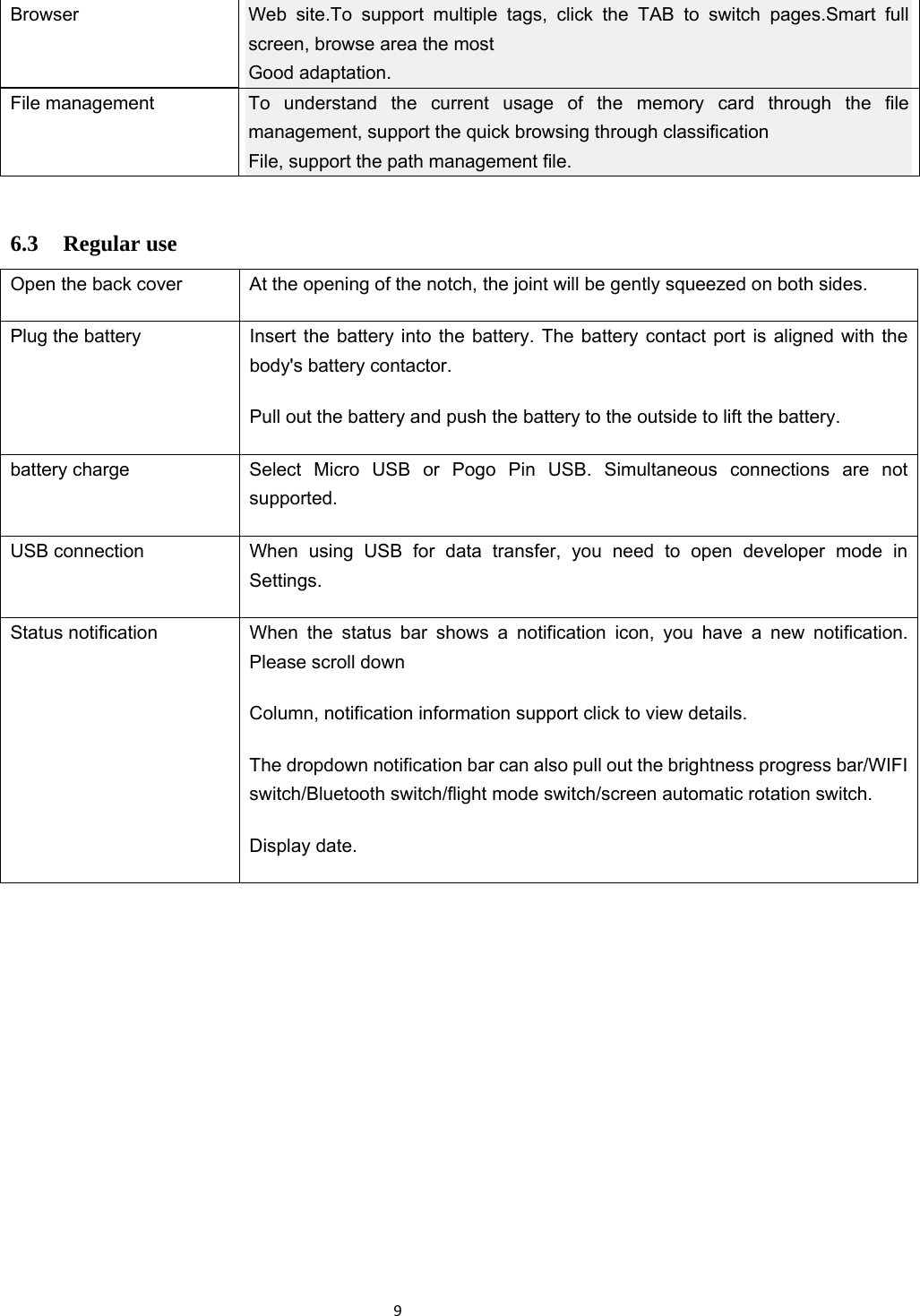 9Browser   Web site.To support multiple tags, click the TAB to switch pages.Smart full screen, browse area the most Good adaptation. File management  To understand the current usage of the memory card through the file management, support the quick browsing through classification File, support the path management file.  6.3 Regular use Open the back cover  At the opening of the notch, the joint will be gently squeezed on both sides.   Plug the battery  Insert the battery into the battery. The battery contact port is aligned with the body&apos;s battery contactor.  Pull out the battery and push the battery to the outside to lift the battery. battery charge  Select Micro USB or Pogo Pin USB. Simultaneous connections are not supported. USB connection  When using USB for data transfer, you need to open developer mode in Settings. Status notification  When the status bar shows a notification icon, you have a new notification. Please scroll down Column, notification information support click to view details. The dropdown notification bar can also pull out the brightness progress bar/WIFI switch/Bluetooth switch/flight mode switch/screen automatic rotation switch. Display date.  