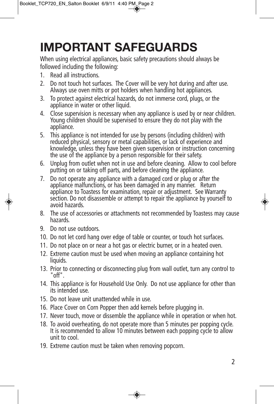 Page 2 of 6 - Toastess Toastess-Cinema-Popper-Tcp720-Users-Manual- Booklet_TCP720_EN_Salton Booklet  Toastess-cinema-popper-tcp720-users-manual