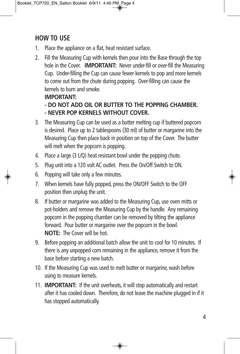 Page 4 of 6 - Toastess Toastess-Cinema-Popper-Tcp720-Users-Manual- Booklet_TCP720_EN_Salton Booklet  Toastess-cinema-popper-tcp720-users-manual