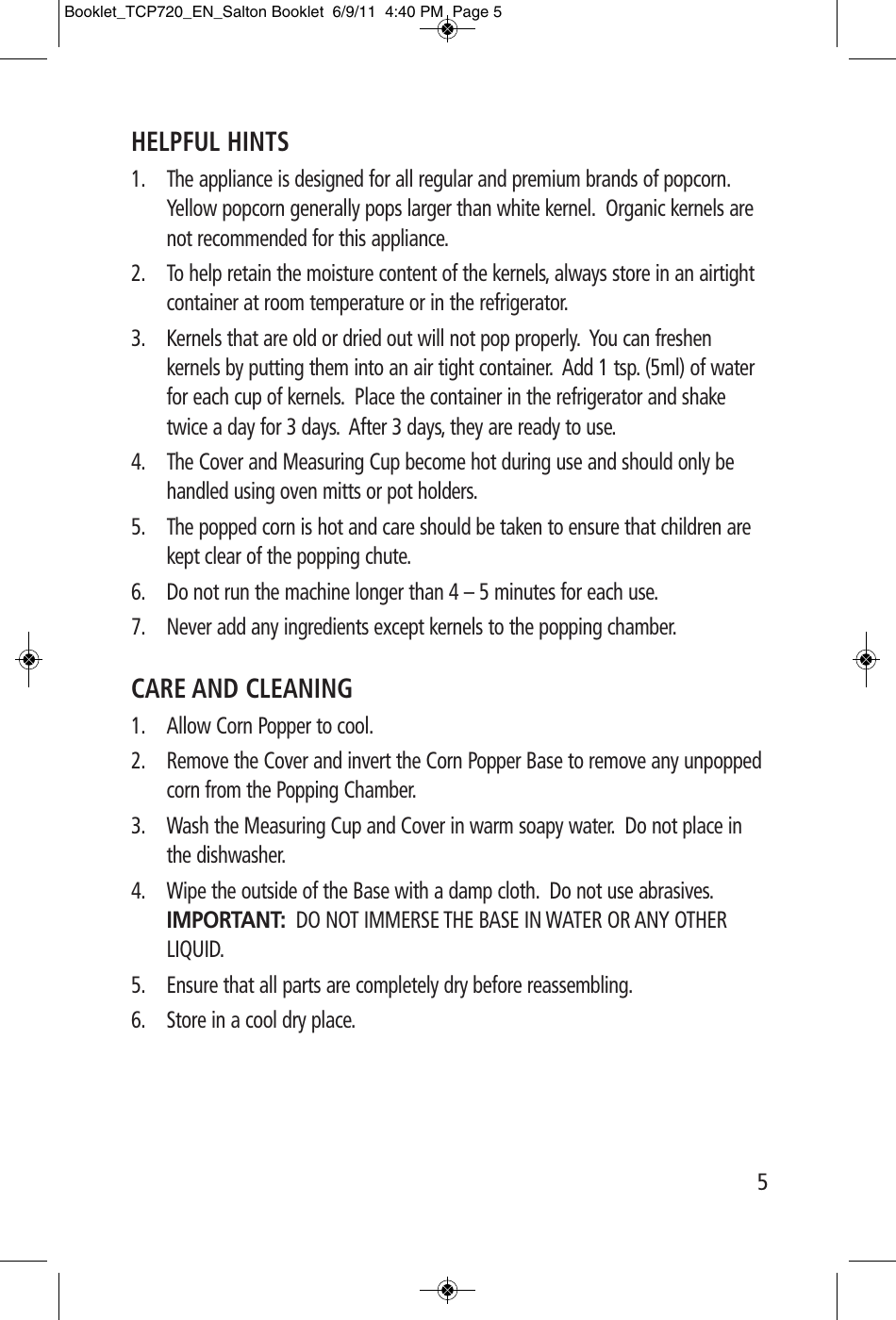 Page 5 of 6 - Toastess Toastess-Cinema-Popper-Tcp720-Users-Manual- Booklet_TCP720_EN_Salton Booklet  Toastess-cinema-popper-tcp720-users-manual