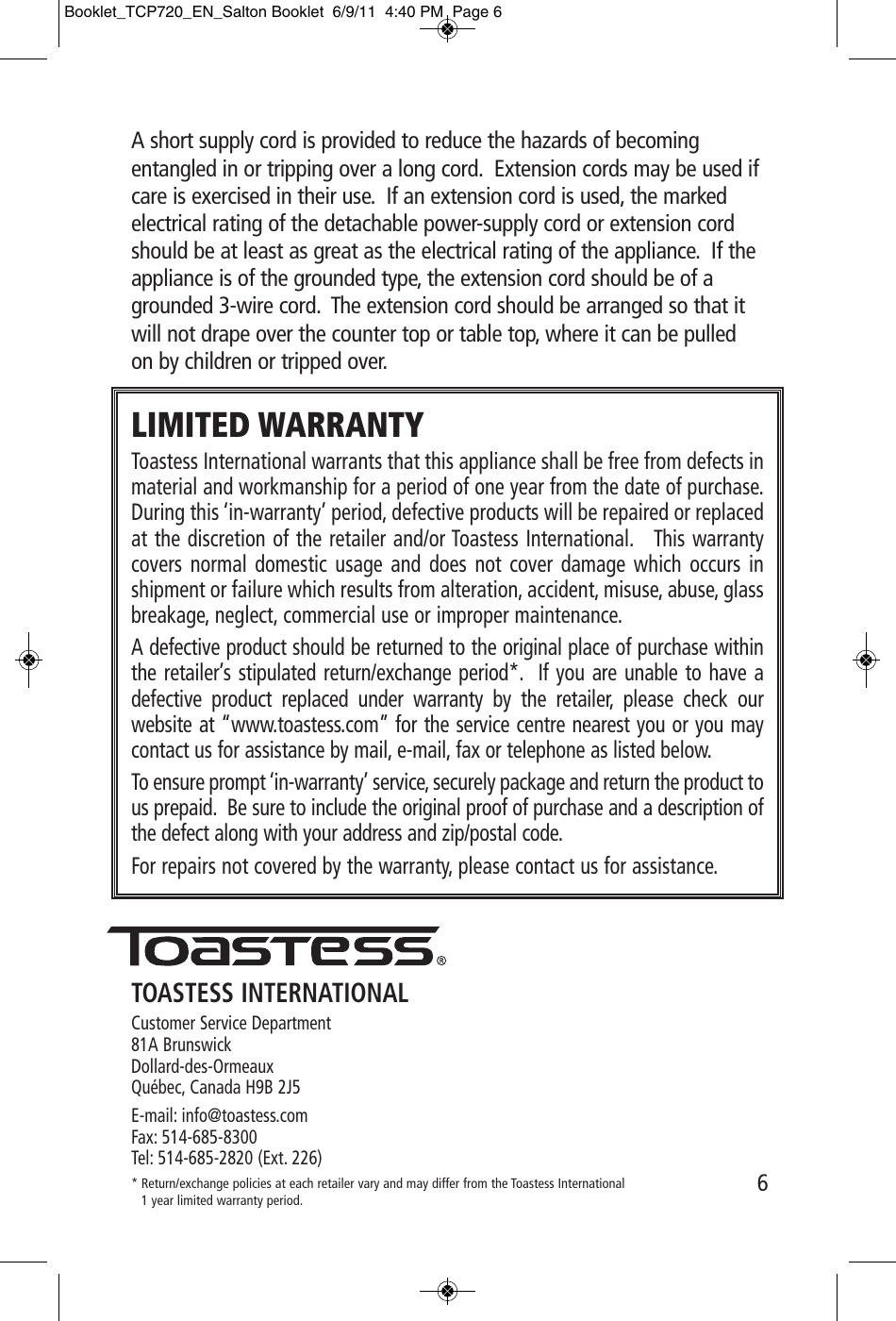 Page 6 of 6 - Toastess Toastess-Cinema-Popper-Tcp720-Users-Manual- Booklet_TCP720_EN_Salton Booklet  Toastess-cinema-popper-tcp720-users-manual