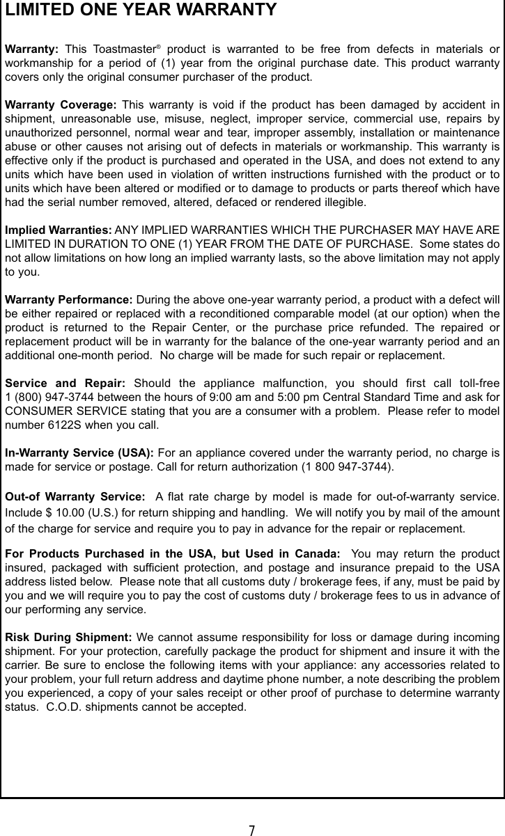 Page 7 of 9 - Toastmaster Toastmaster-6122S-Users-Manual-  Toastmaster-6122s-users-manual