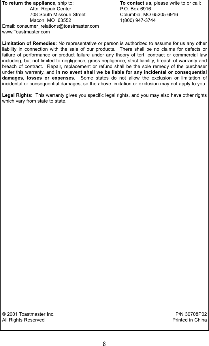 Page 8 of 9 - Toastmaster Toastmaster-6122S-Users-Manual-  Toastmaster-6122s-users-manual