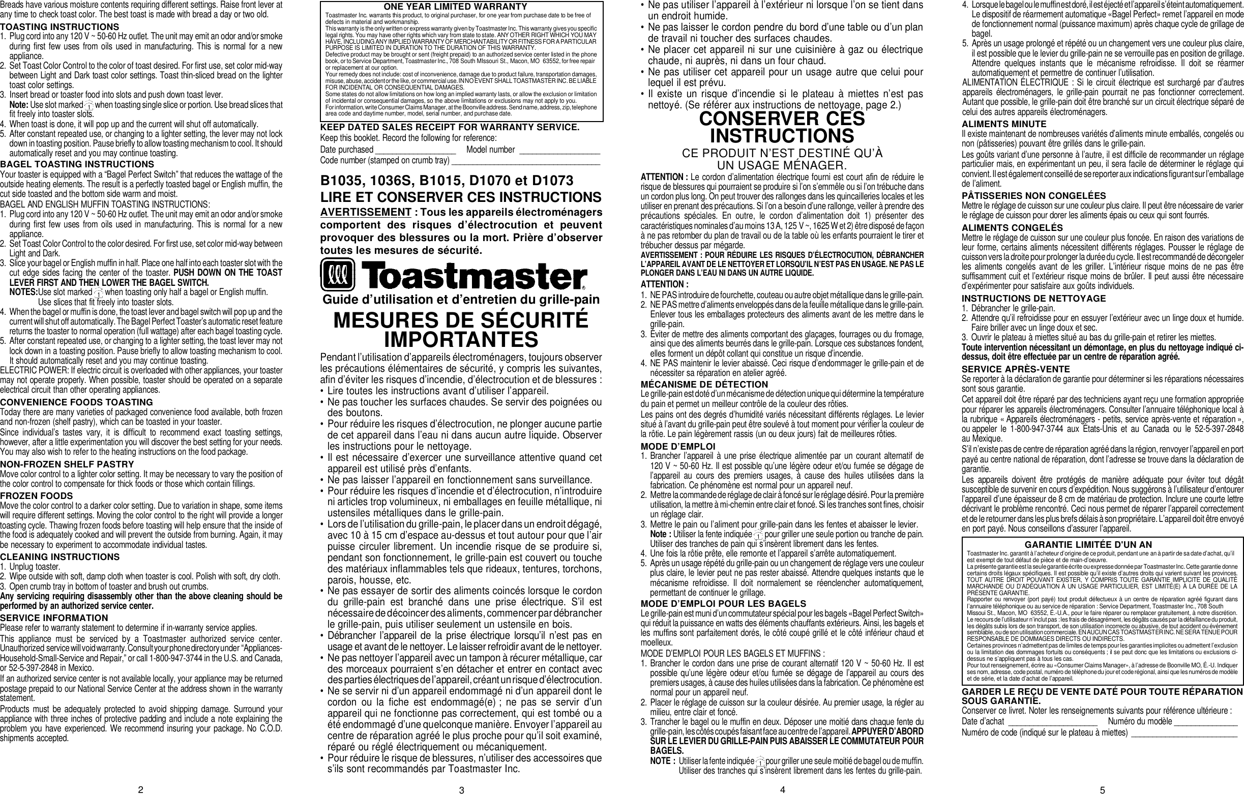 Page 2 of 3 - Toastmaster Toastmaster-D1070-D1073-Users-Manual-  Toastmaster-d1070-d1073-users-manual