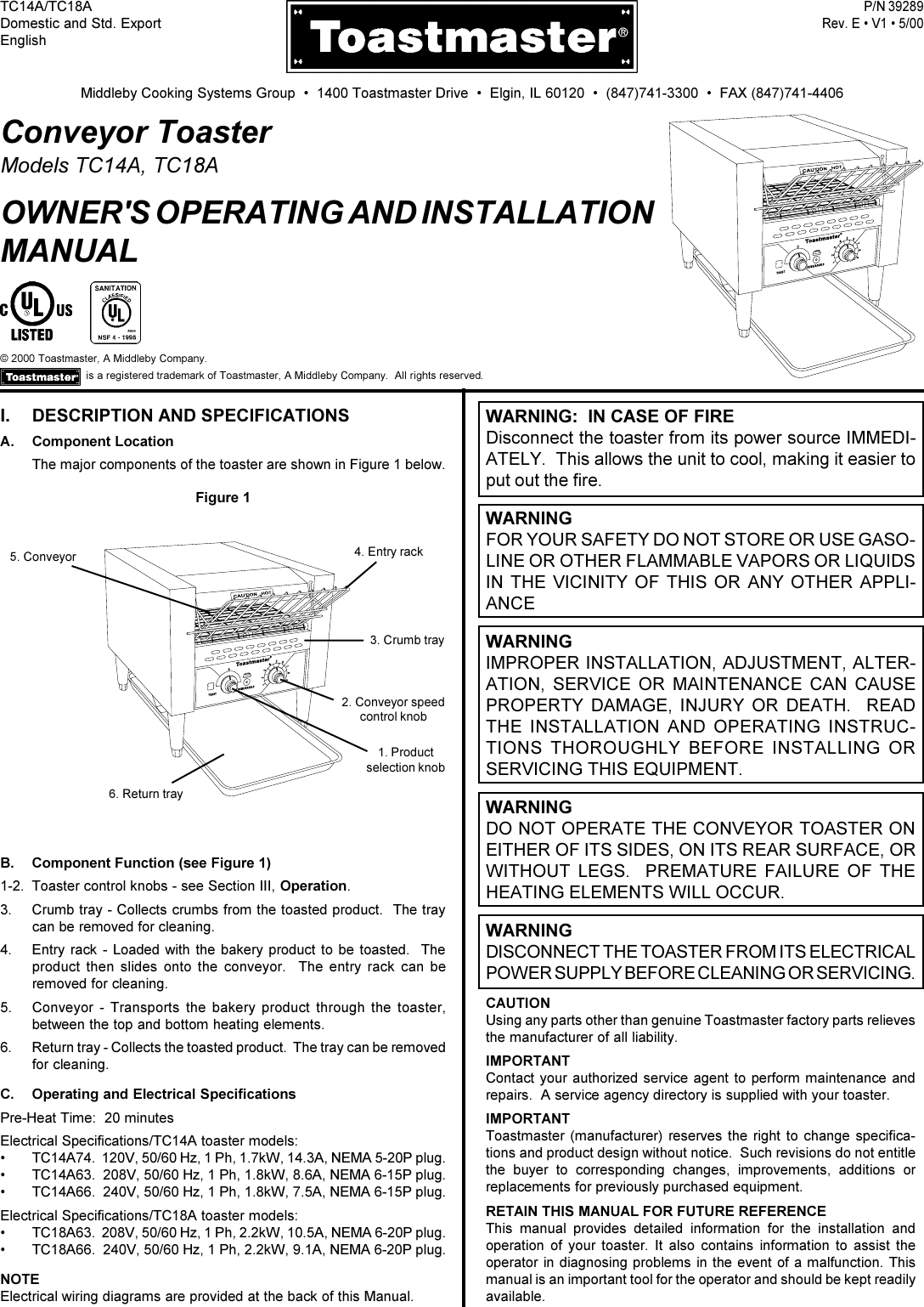 Toastmaster Microwave Oven Tc14A Users Manual