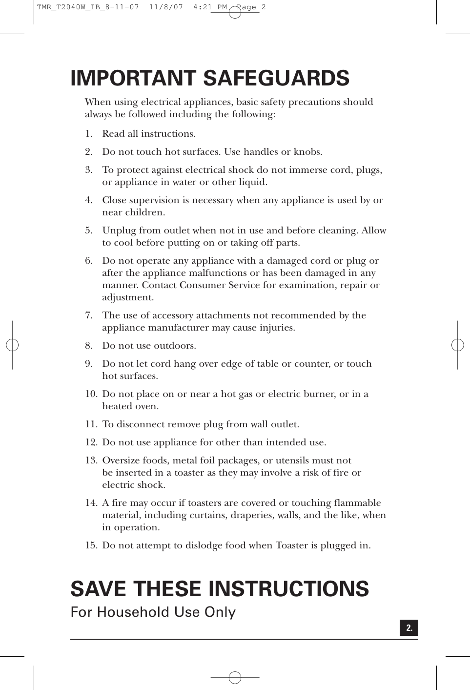Toastmaster T2040B Users Manual TMR_T2040W_IB_8 11 07