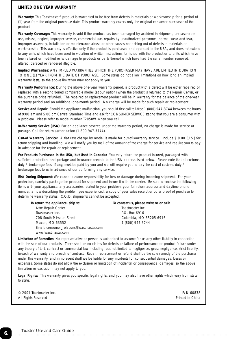 Page 7 of 9 - Toastmaster Toastmaster-T2050Bc-Users-Manual-  Toastmaster-t2050bc-users-manual