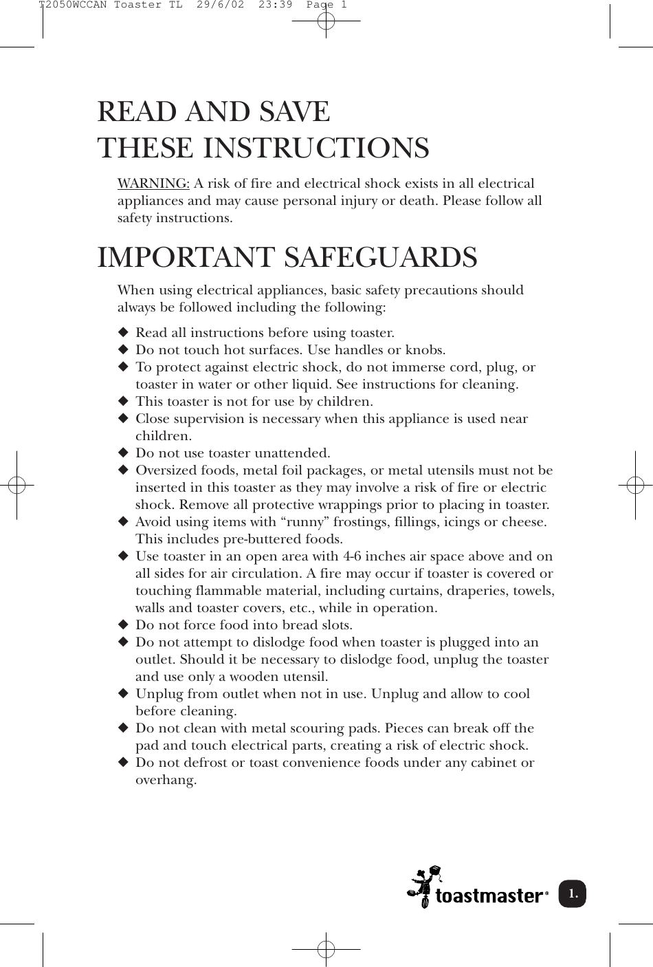 Page 2 of 9 - Toastmaster Toastmaster-T2050Wccan-Users-Manual- T2050WCCAN Toaster TL Toastmaster-t2050wccan-users-manual