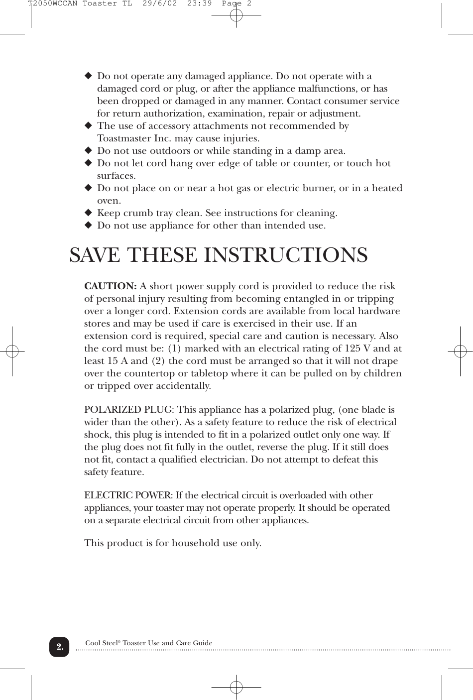 Page 3 of 9 - Toastmaster Toastmaster-T2050Wccan-Users-Manual- T2050WCCAN Toaster TL Toastmaster-t2050wccan-users-manual