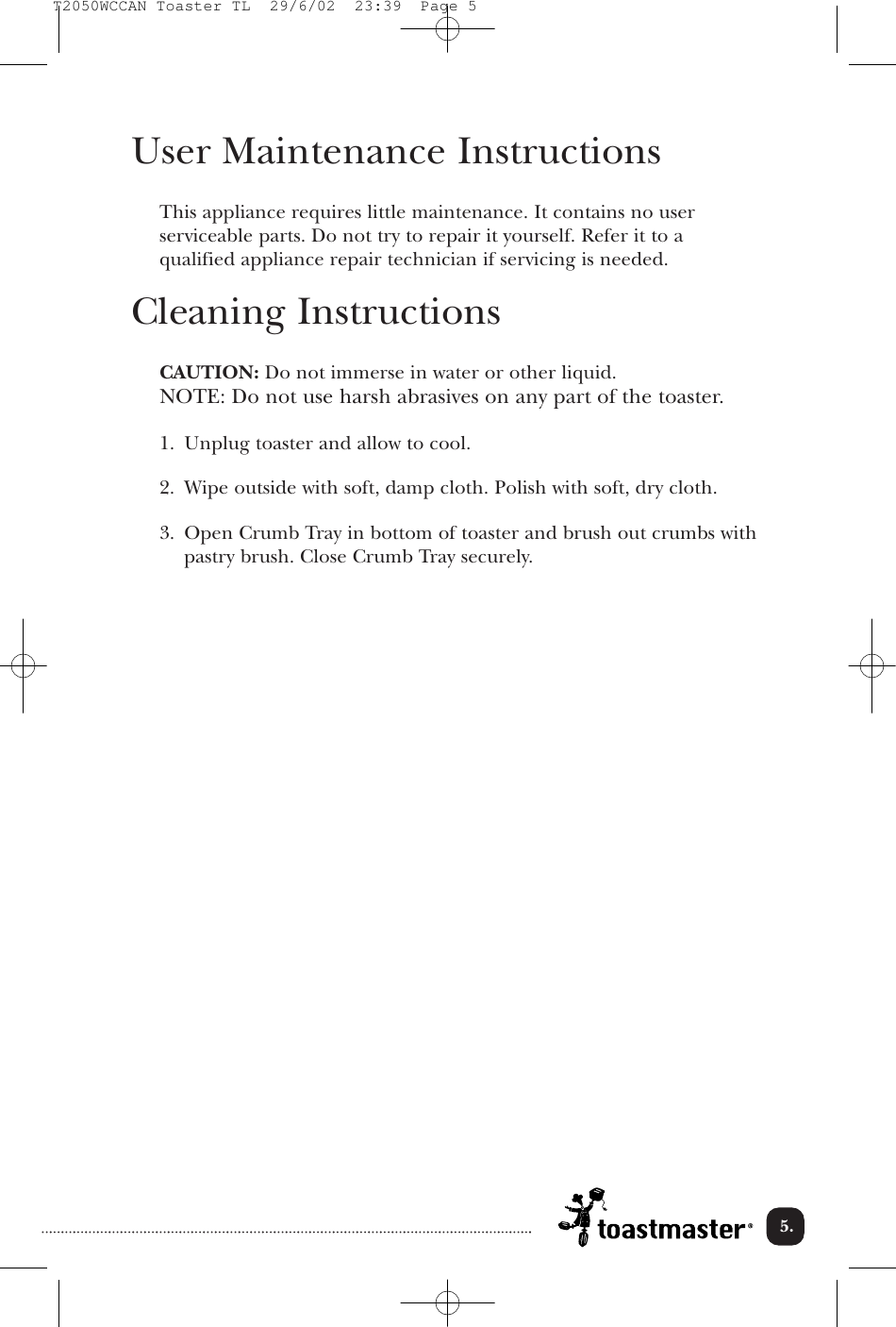 Page 6 of 9 - Toastmaster Toastmaster-T2050Wccan-Users-Manual- T2050WCCAN Toaster TL Toastmaster-t2050wccan-users-manual