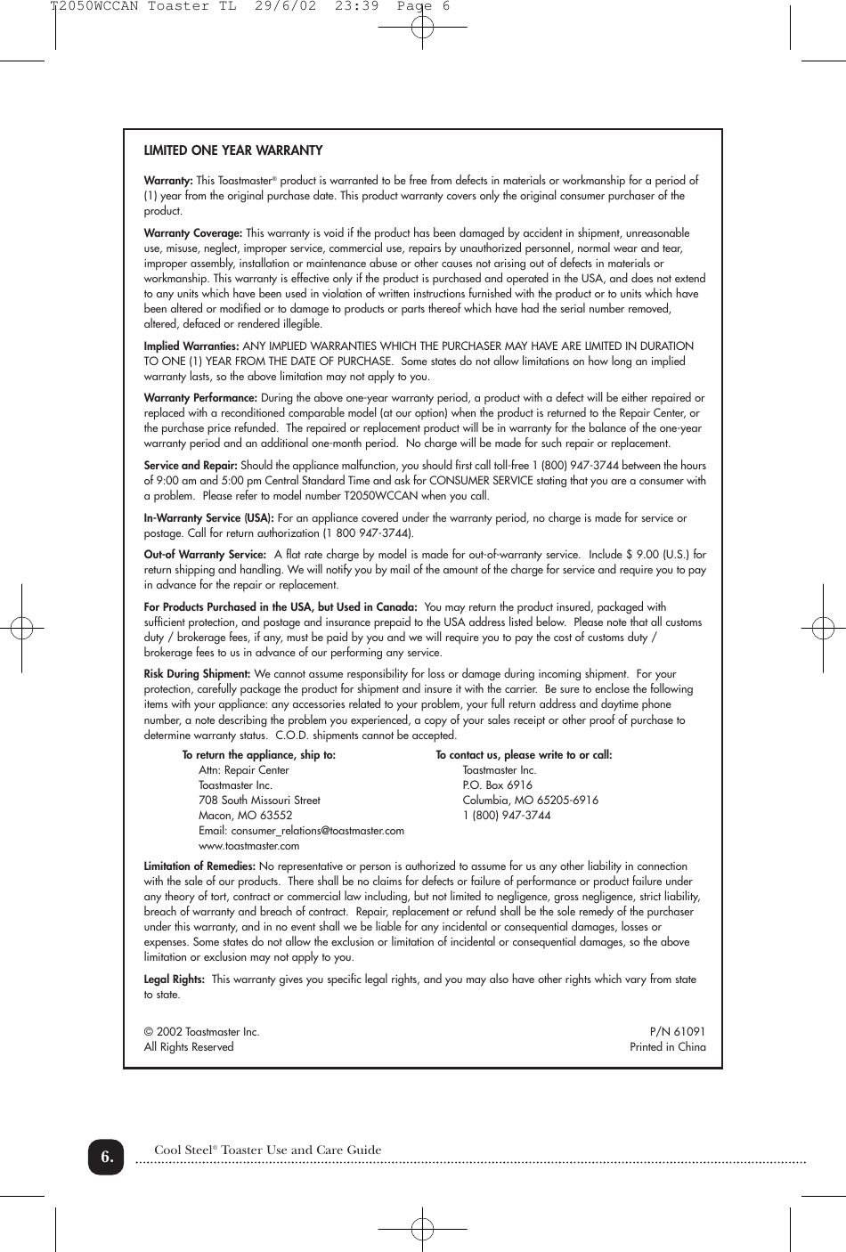 Page 7 of 9 - Toastmaster Toastmaster-T2050Wccan-Users-Manual- T2050WCCAN Toaster TL Toastmaster-t2050wccan-users-manual