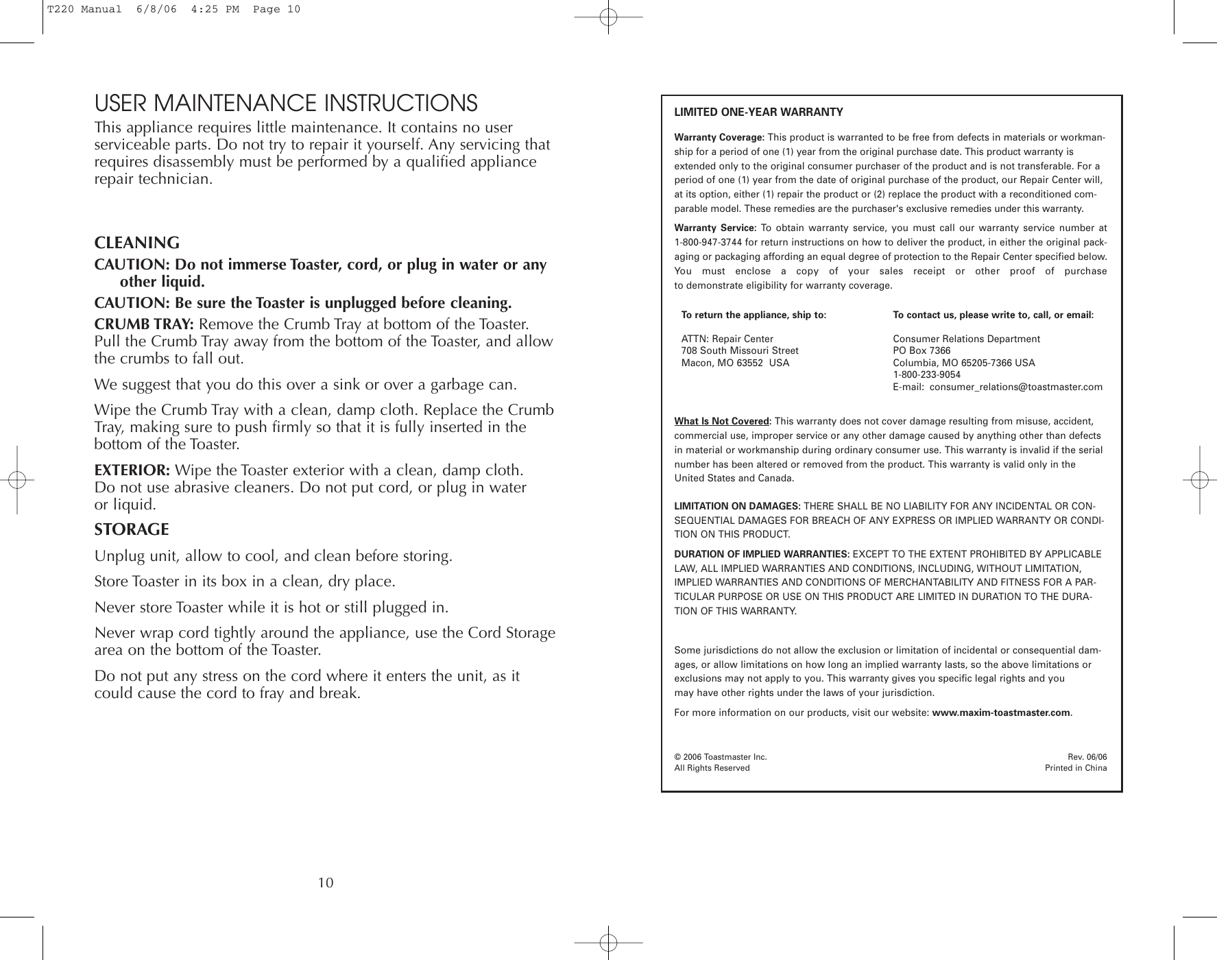 Page 10 of 12 - Toastmaster Toastmaster-T220-Users-Manual- T220 Manual  Toastmaster-t220-users-manual