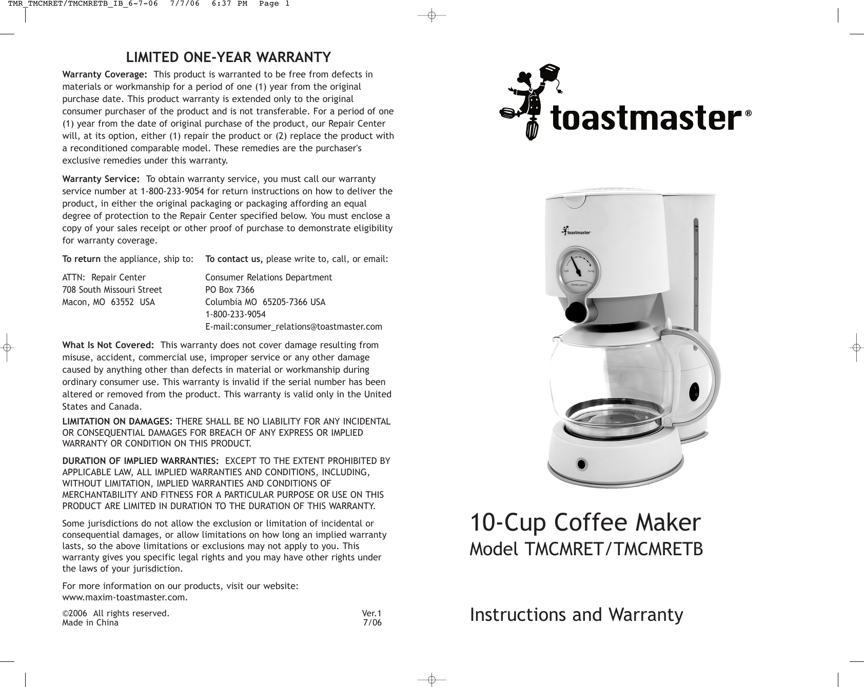 Page 12 of 12 - Toastmaster Toastmaster-Tmcmret-Users-Manual- TMR_TMCMRET/TMCMRETB_IB_6-7-06  Toastmaster-tmcmret-users-manual