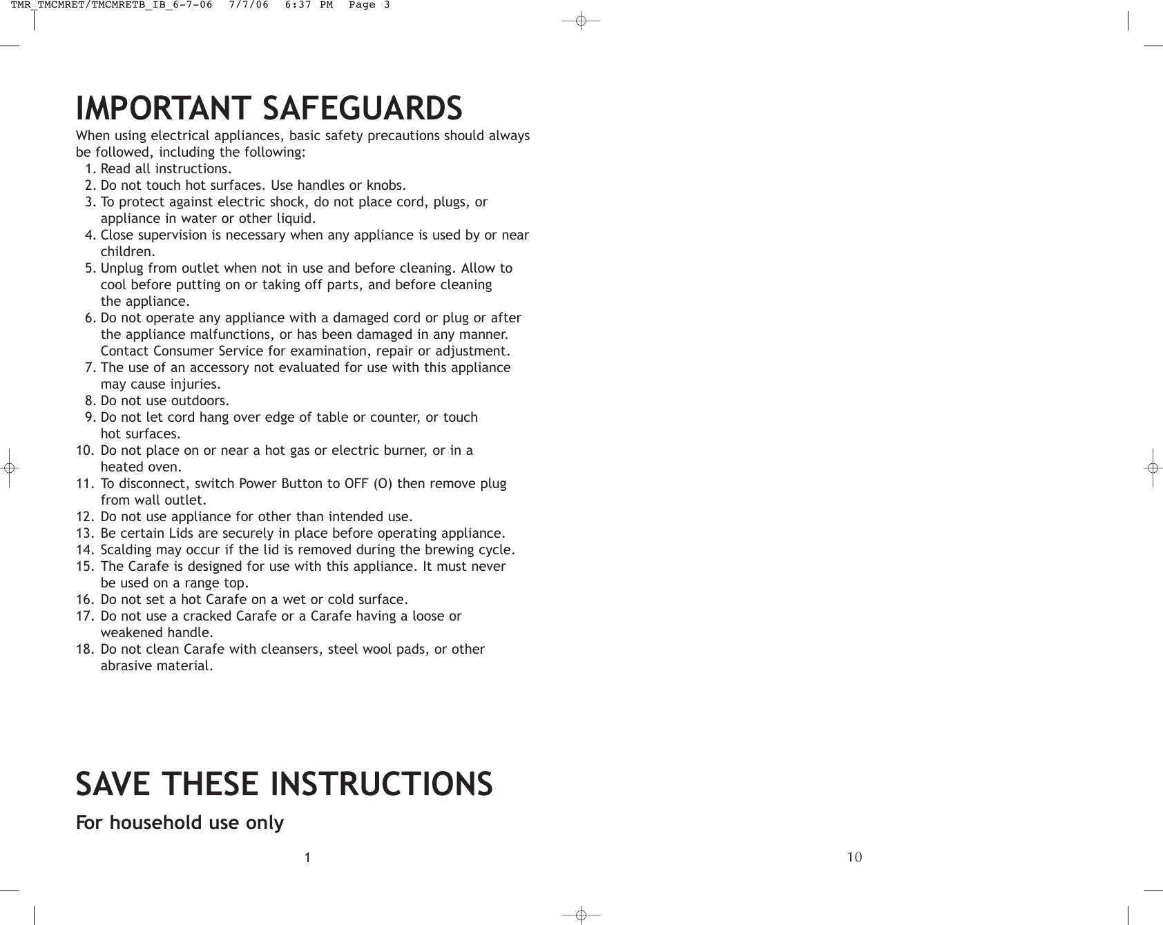 Page 2 of 12 - Toastmaster Toastmaster-Tmcmret-Users-Manual- TMR_TMCMRET/TMCMRETB_IB_6-7-06  Toastmaster-tmcmret-users-manual