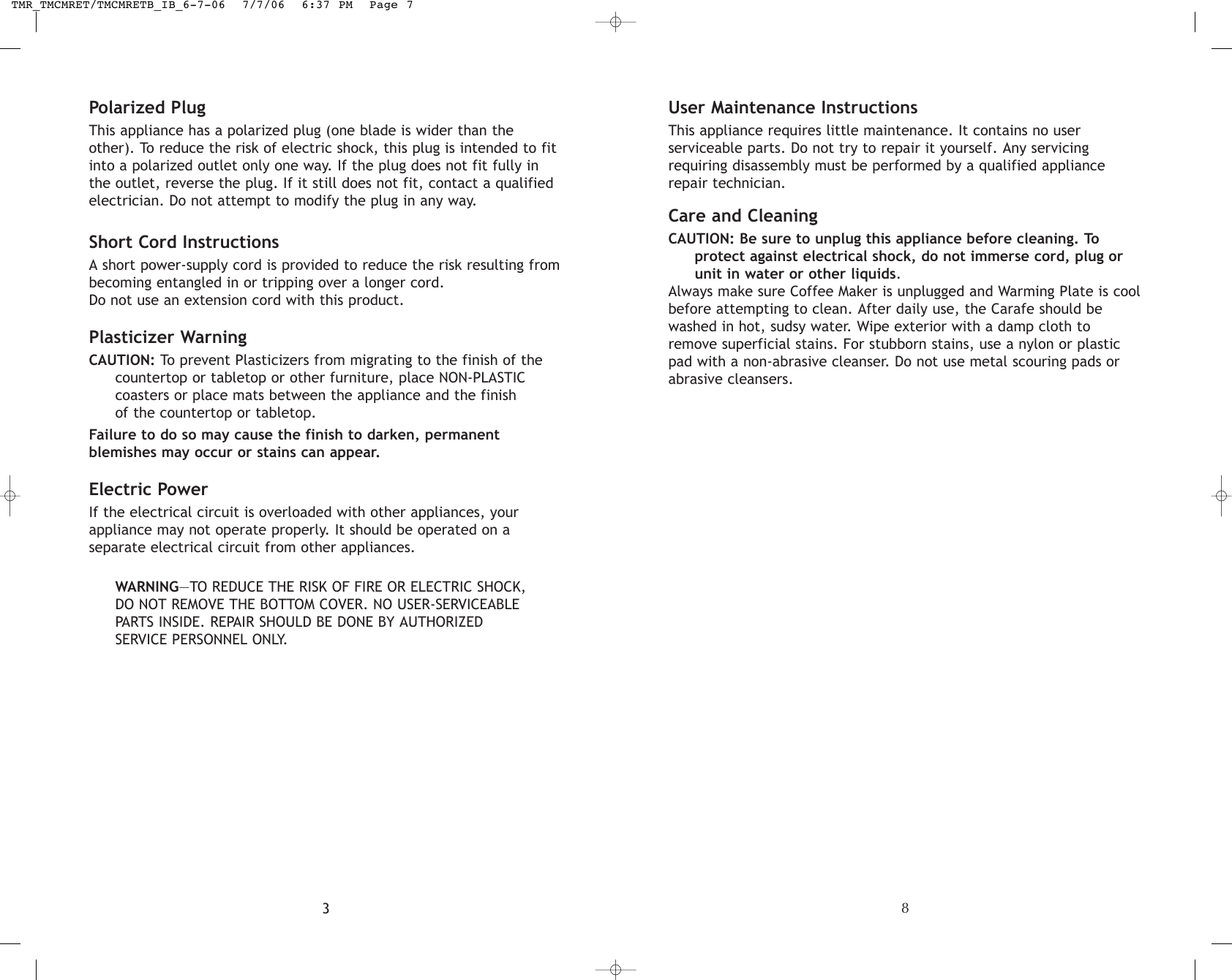 Page 4 of 12 - Toastmaster Toastmaster-Tmcmret-Users-Manual- TMR_TMCMRET/TMCMRETB_IB_6-7-06  Toastmaster-tmcmret-users-manual