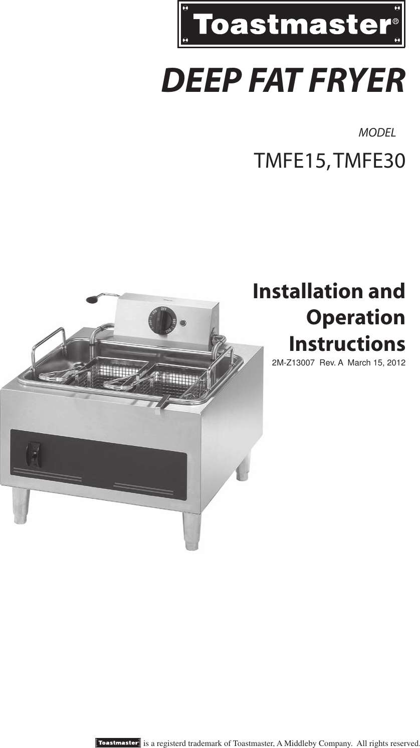 Toastmaster Tmfe15 Users Manual Deep Fat Fryer