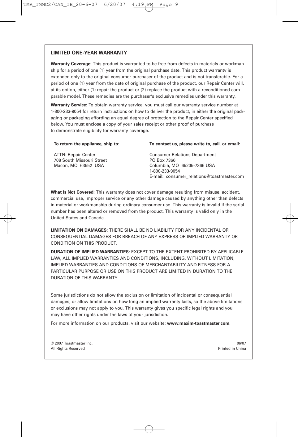 Page 9 of 9 - Toastmaster Toastmaster-Tmmc2Can-Users-Manual- TMR_TMMC2/CAN_IB_20-6-07  Toastmaster-tmmc2can-users-manual
