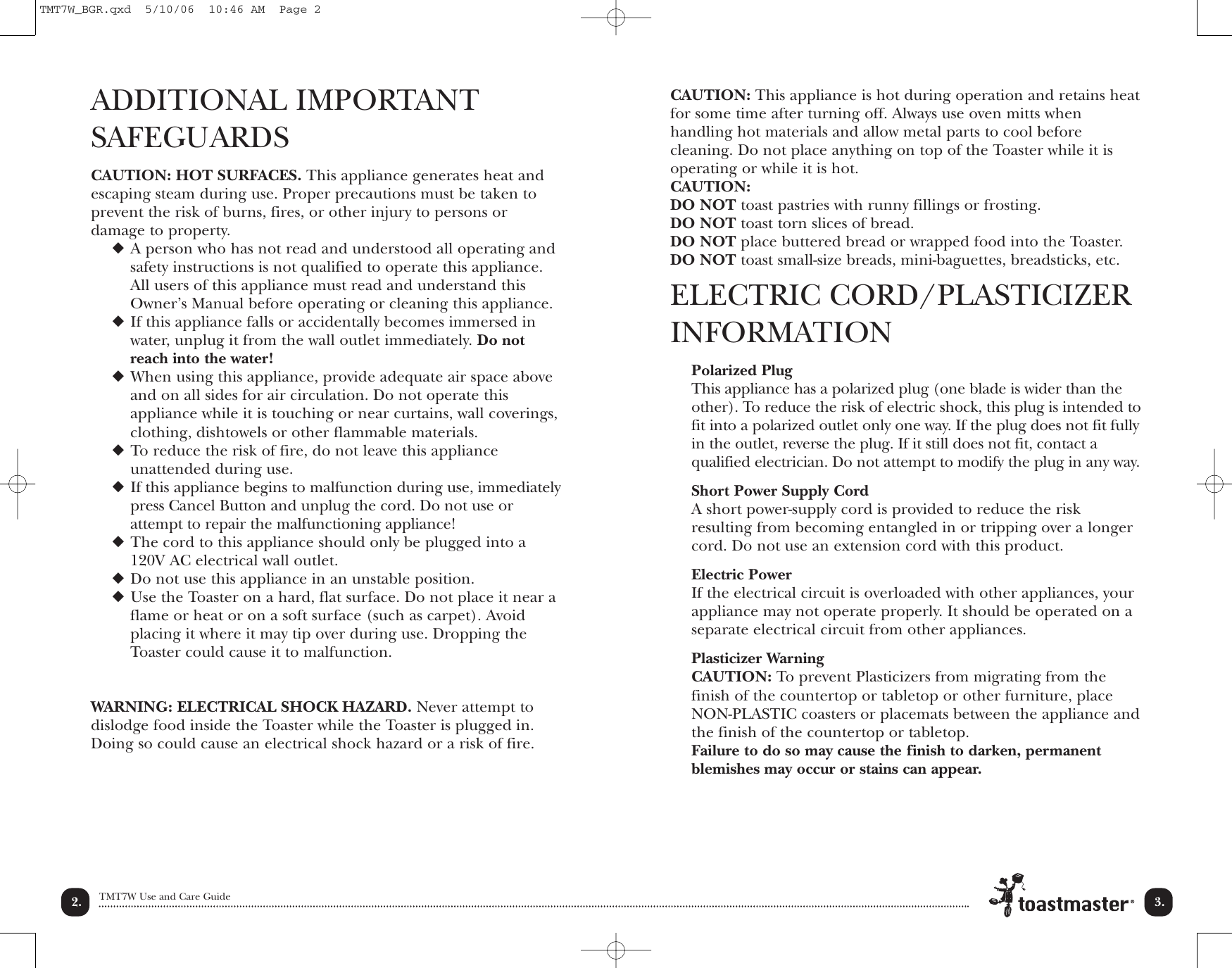 Page 3 of 12 - Toastmaster Toastmaster-Tmt7W-Users-Manual- T2050 Manual  Toastmaster-tmt7w-users-manual