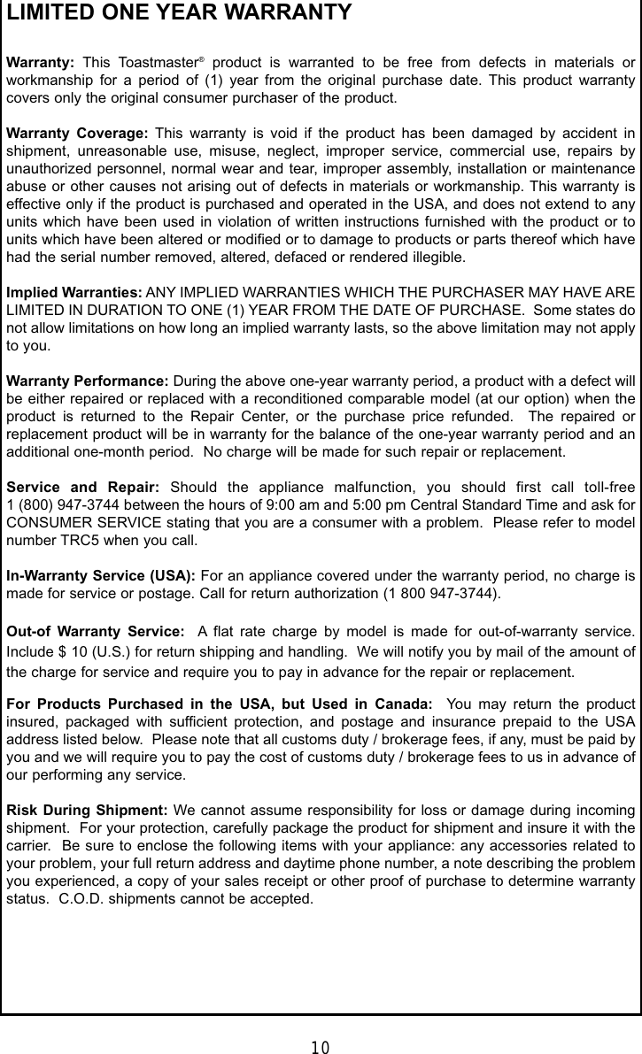 Toastmaster Trc5 Users Manual